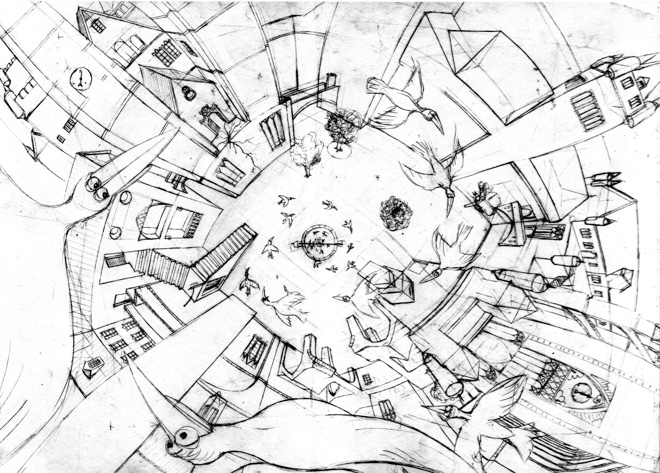 Vögel über der Burg, Bleistift auf Papier. Perspektivische
          Studie mit 9 Fluchtpunkten, 2006